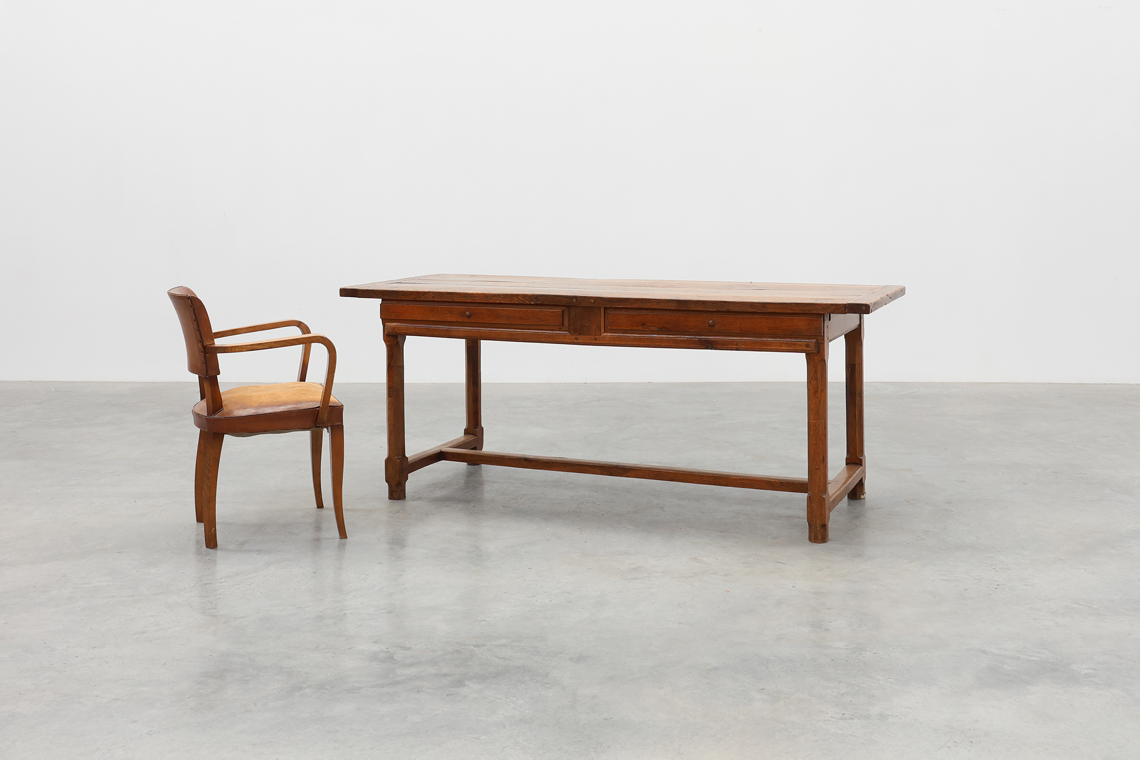 Rustic 19th century oak dinner table with drawers that open laterally, France ca. 1930thumbnail